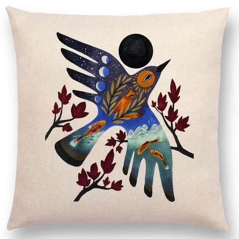 Retro Mystery Watercolor Art Totem Sofa Pillow Case Animals Deer Bear Bird Fish Fox Owl Snake Rabbit Heron Bee Cushion Cover