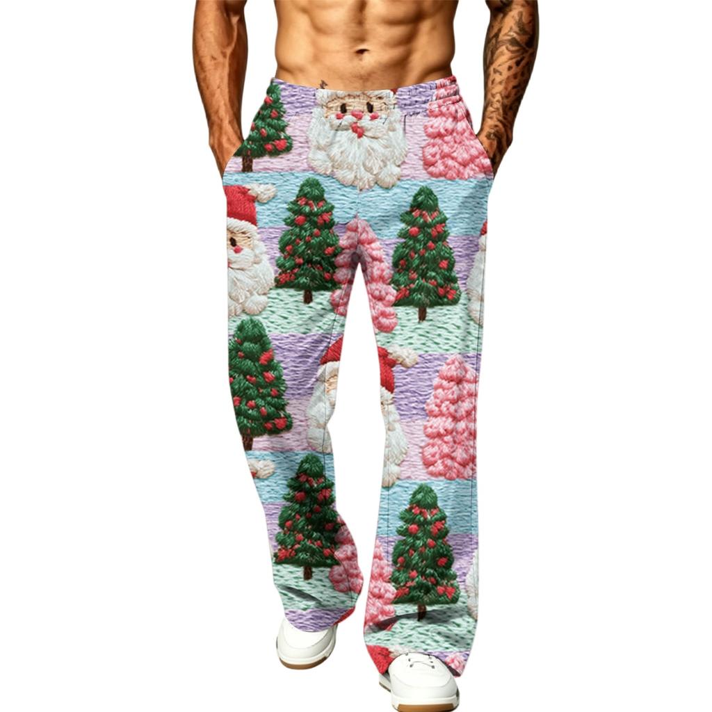 Men's Fashion Casual Loose Fit Wide Leg Christmas Print Sports Pants with Pockets