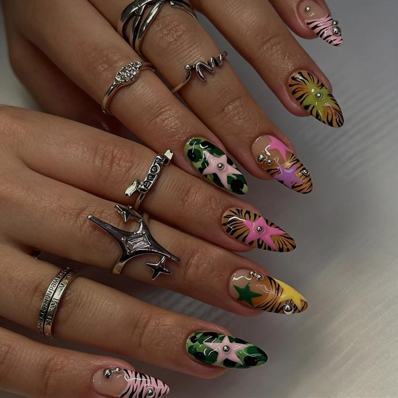 30 stuks kunstnagels spiraalvormig reliëf dopamine-geïnspireerde citroen- en sterontwerpen press-on nagels—Perfect als cadeau voor meisjes