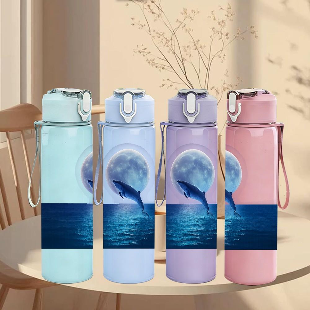 1PC Whale Moon Sea Night Scene Print 750ml Color Plastic Sports Water Bottle Leakproof Flip Straw Lid Suitable for Sports Office Home Use