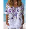 Summer V-neck 3D Flower Printed Top Fashionable Casual Short Sleeved Women's T-shirts