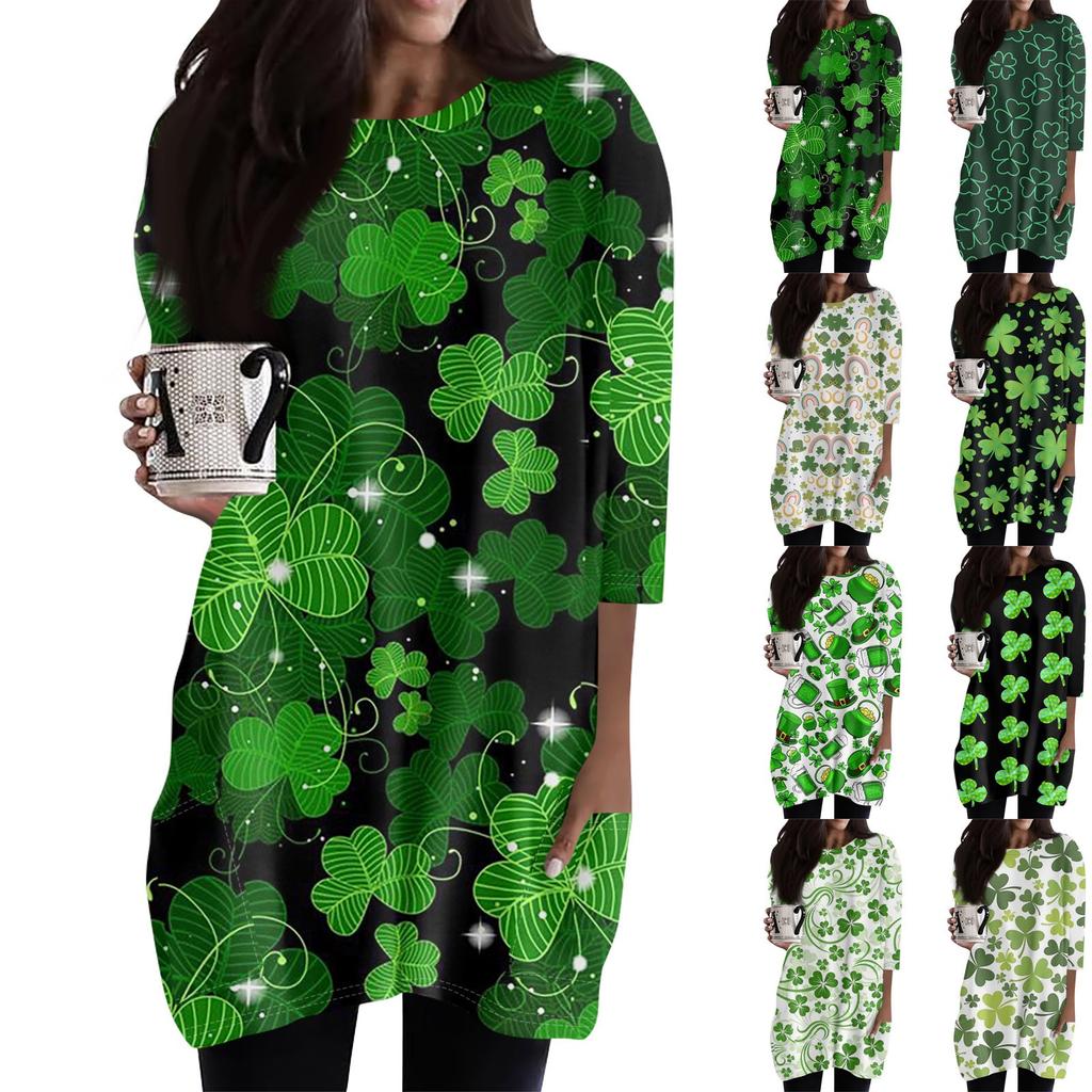 Women's  Casual 3/4 Sleeve Shirts Fashion St Patrick's Print Tunic Tops With Pockets