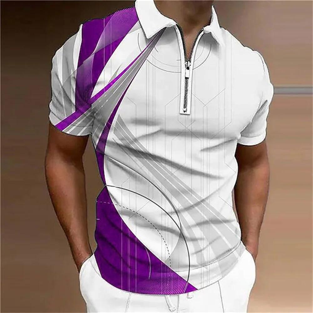 Fashionable geometric pattern tie dye men's Polo T-shirt short sleeved 3D printed street men's zipper