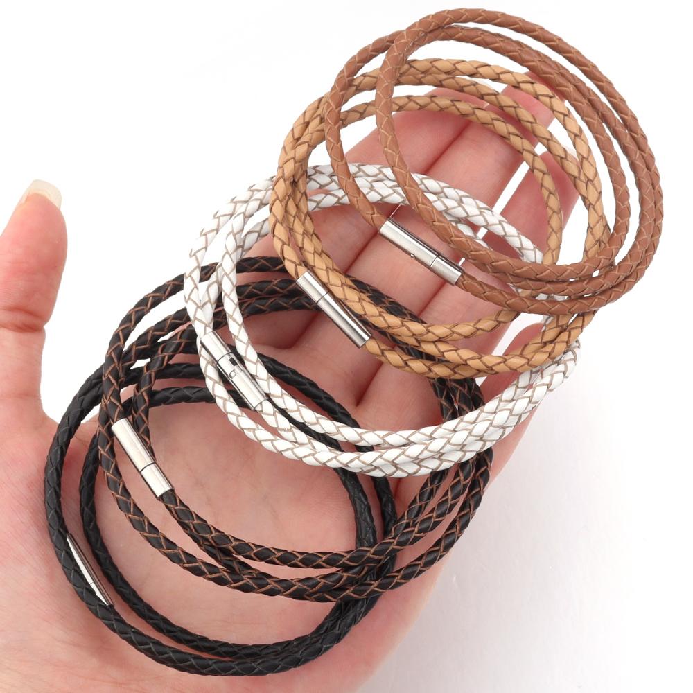 1pc Genuine Braided Leather Bracelet Classic Three Layer Stainless Steel Clasp Bracelet For Men Women Jewelry Making Charm Gifts
