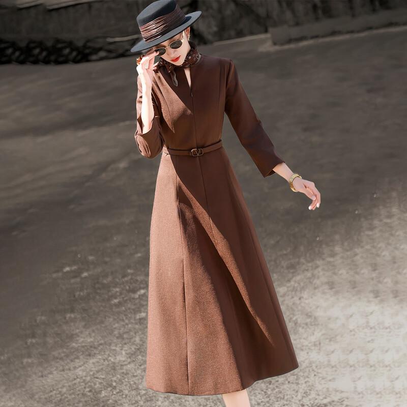 Elegant V-Neck Long Sleeve Belted Midi Dress M