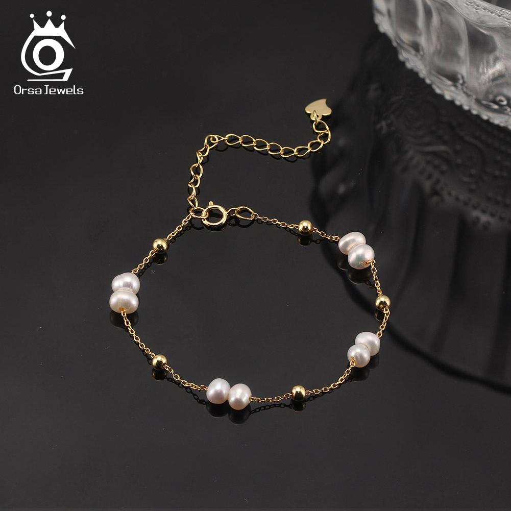 ORSA JEWELS 925 Sterling Silver Pearls Chain Bracelet Vinatge 14K Gold Pearl Beads Bracelet on Hand Female Party Jewelry GPB40