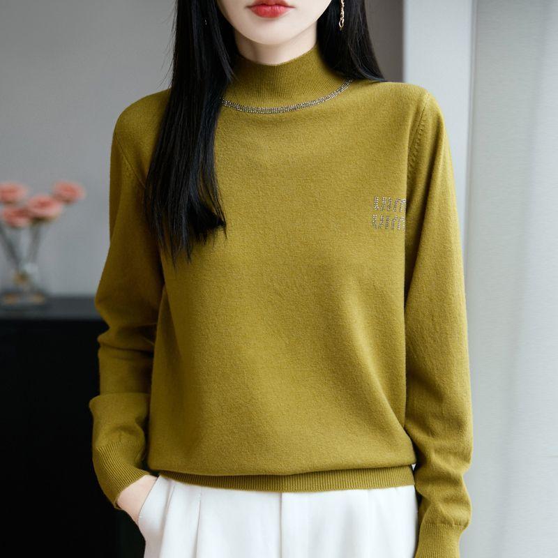 

Women s Turtleneck Wool Sweater Autumn Winter Thick Loose Rhinestone Knit Sweater Solid Color Knit Pullover Top XL