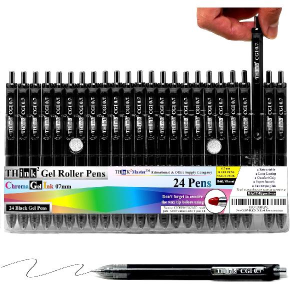 [24 Pens - Pink Ink] Think2 0.7mm CGI Retractable Gel Pens. (24 Pink) Medium Point Rollerball Pens with Smooth Quick Drying Ink. CGI чёрный