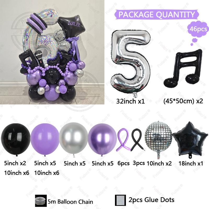 46Pcs Black Purple Music Note Theme Digital Balloon Girl Birthday Party Balloon Set Baby Shower Globos Photography Props