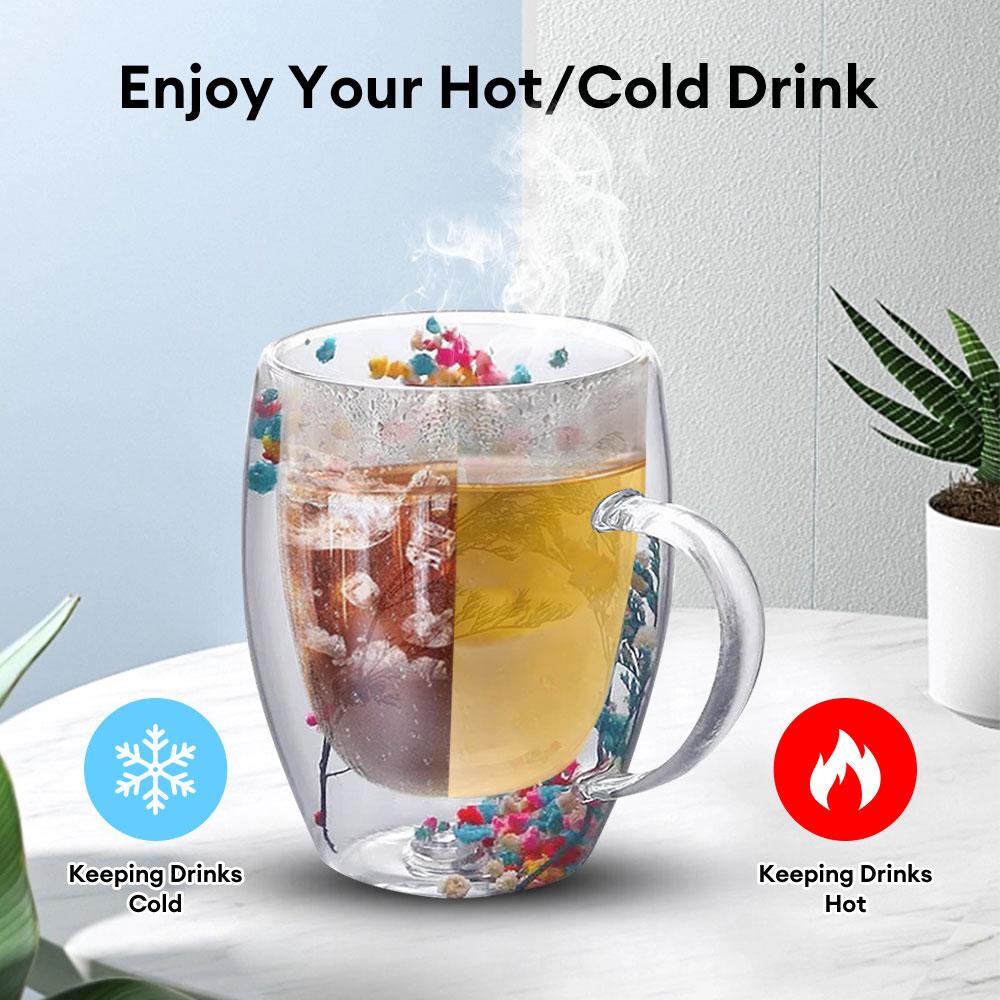 Kreativer Glasbecher, doppelwandig, echte, trockene Blumen, Muschel-Blitzbecher, Becher aus Borosilikatglas mit Griffen für die Geschenkdekoration