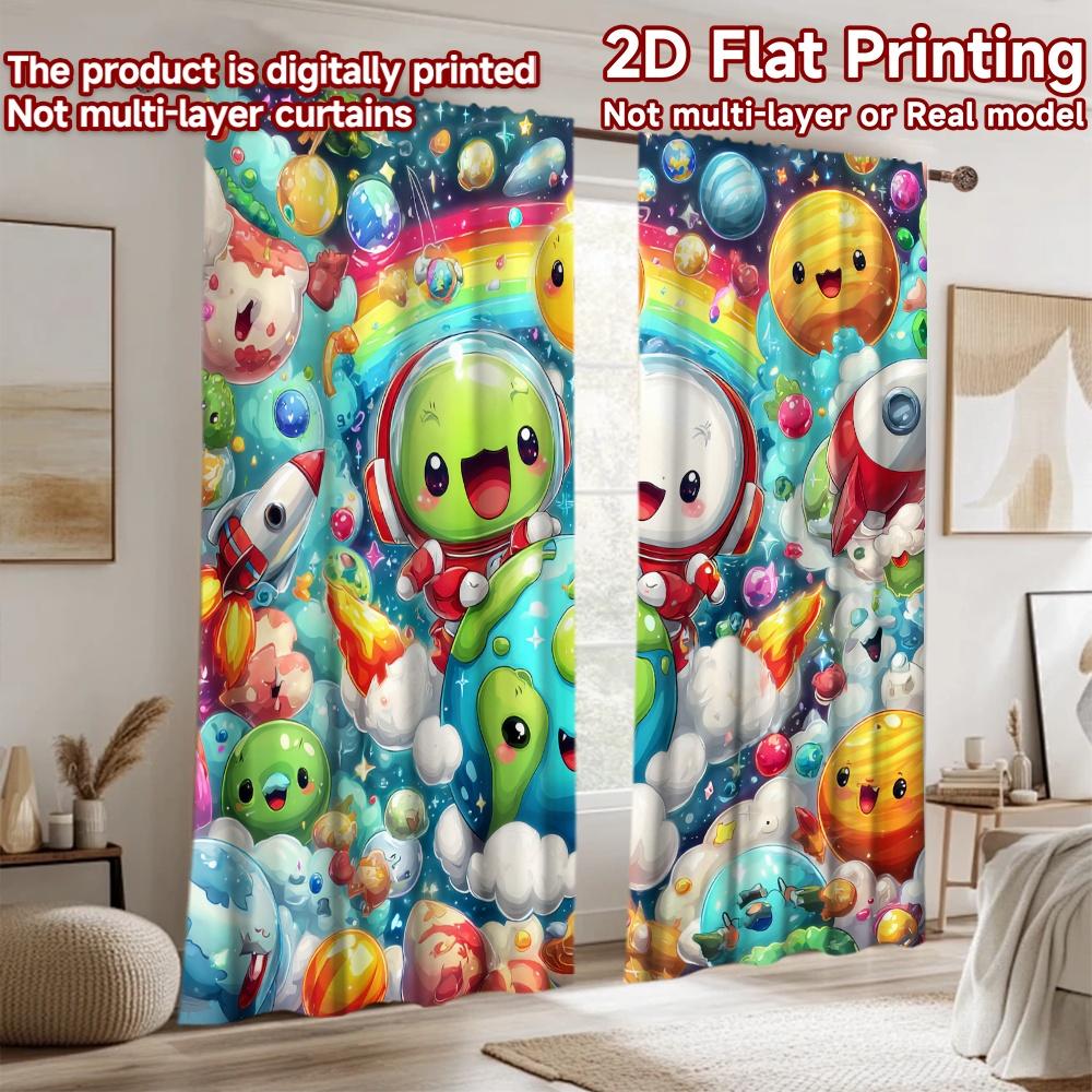 2D flat printing 2pcs Window Curtains Cute Space Adventure Planet Astronauts Digital Printed Polyester Drapes Festive Wall Decor