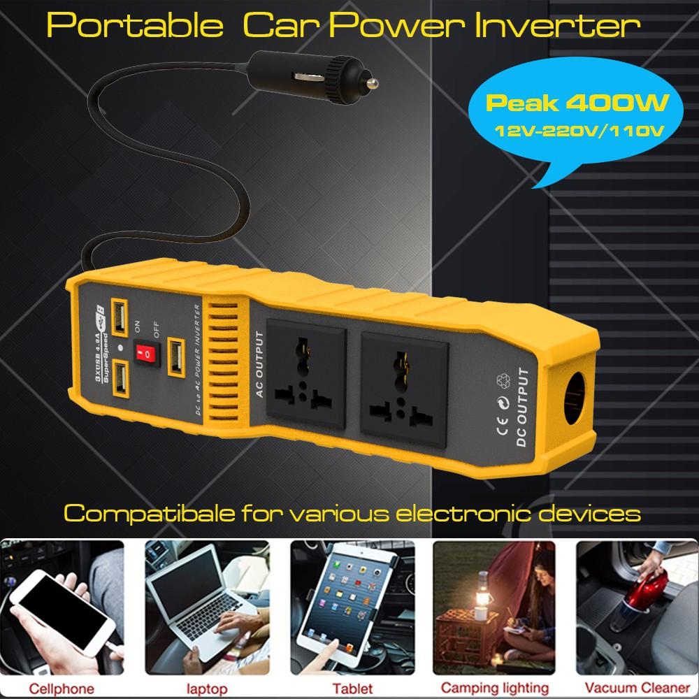 12V DC to 220V AC 400W Car Power Inverter Portable 3 USB Ports + 2 AC Outlets Converter