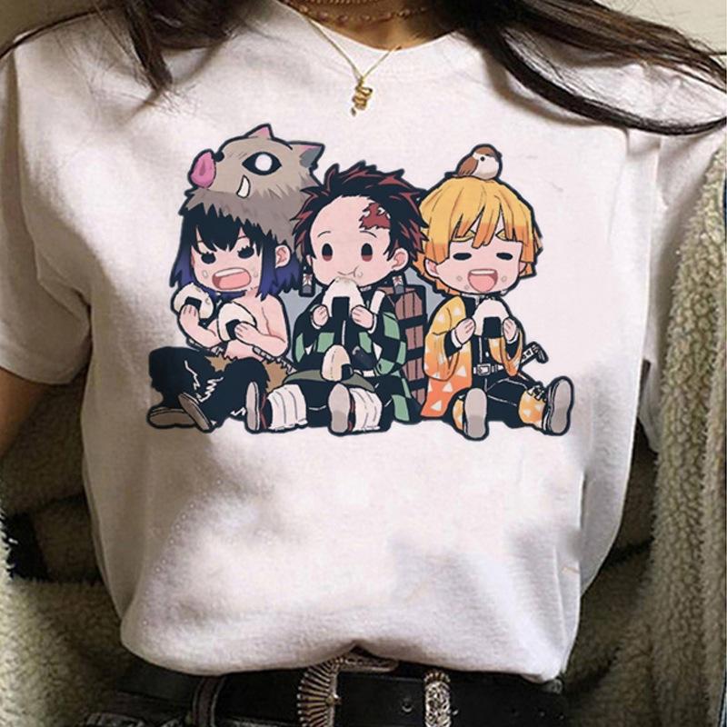 Kawaii Casual Anime Demon Slayer Kimetsu No Yaiba Graphics Female T-Shirt Summer Loose Blouse White Tees O-Neck Women Goth Tops