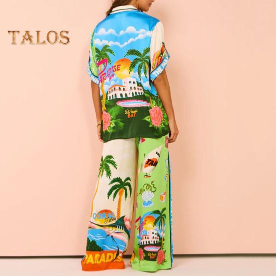 2 Pcs/Set Women Shirt Pants Set Hawaii Vacation Style Colorful Print Single-breasted Short Sleeve Lapel Top High Elastic Waist Wide Leg Trousers