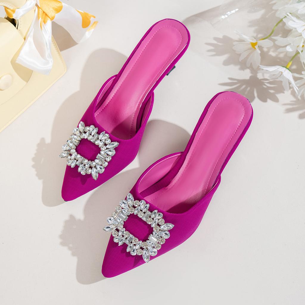High Heeled Slippers for Women New Style with Pointed, Fine Heel Rhinestone Square Buckle, Half Toe Cool Mop Women's Sandals