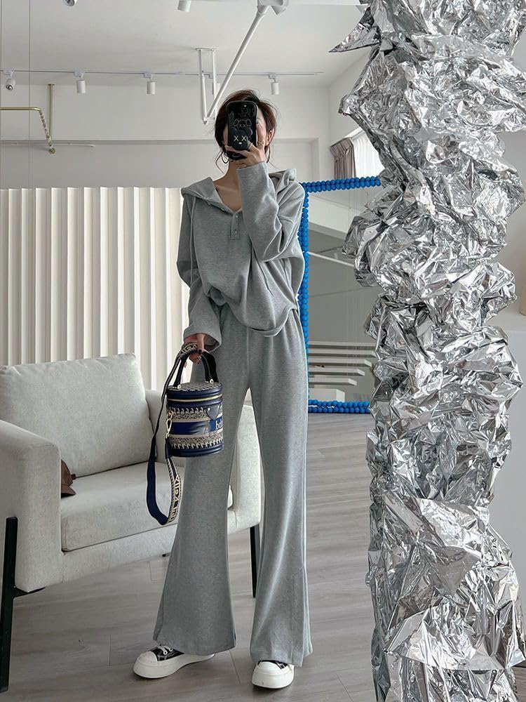 Long Sleeve Hoodie and Loose Perfect for Sports or Solid Simple and Perfect for and Fall [NOLCCTN] Women's 2-Piece Set Wide-Leg Pants, Fit,