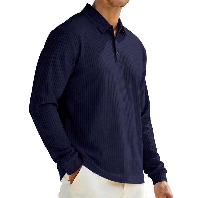 Mens Loose Turn Down Collar Long Sleeve Casual Business Solid Polo Shirt