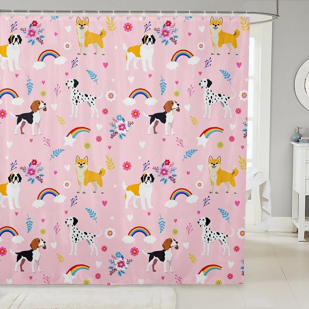 Cute Floral Cat Shower Curtain Cartoon Pet Animal Fabric Shower Curtain Colorful Kitten Flowers Bathroom Curtains Romantic