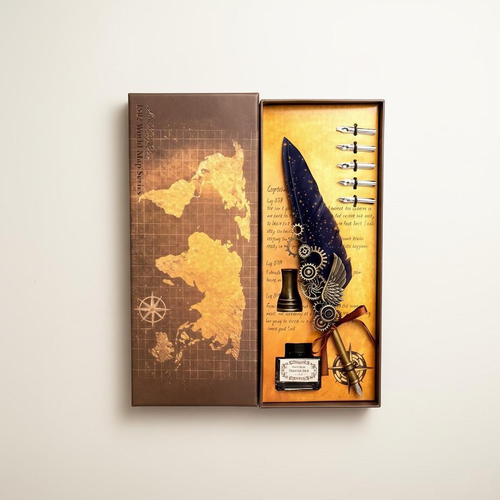 

Vintage Wing Design Dip Pen Set Stand Feather Calligraphy Art Signature Craft 15ml Ink Bottle темно-синий