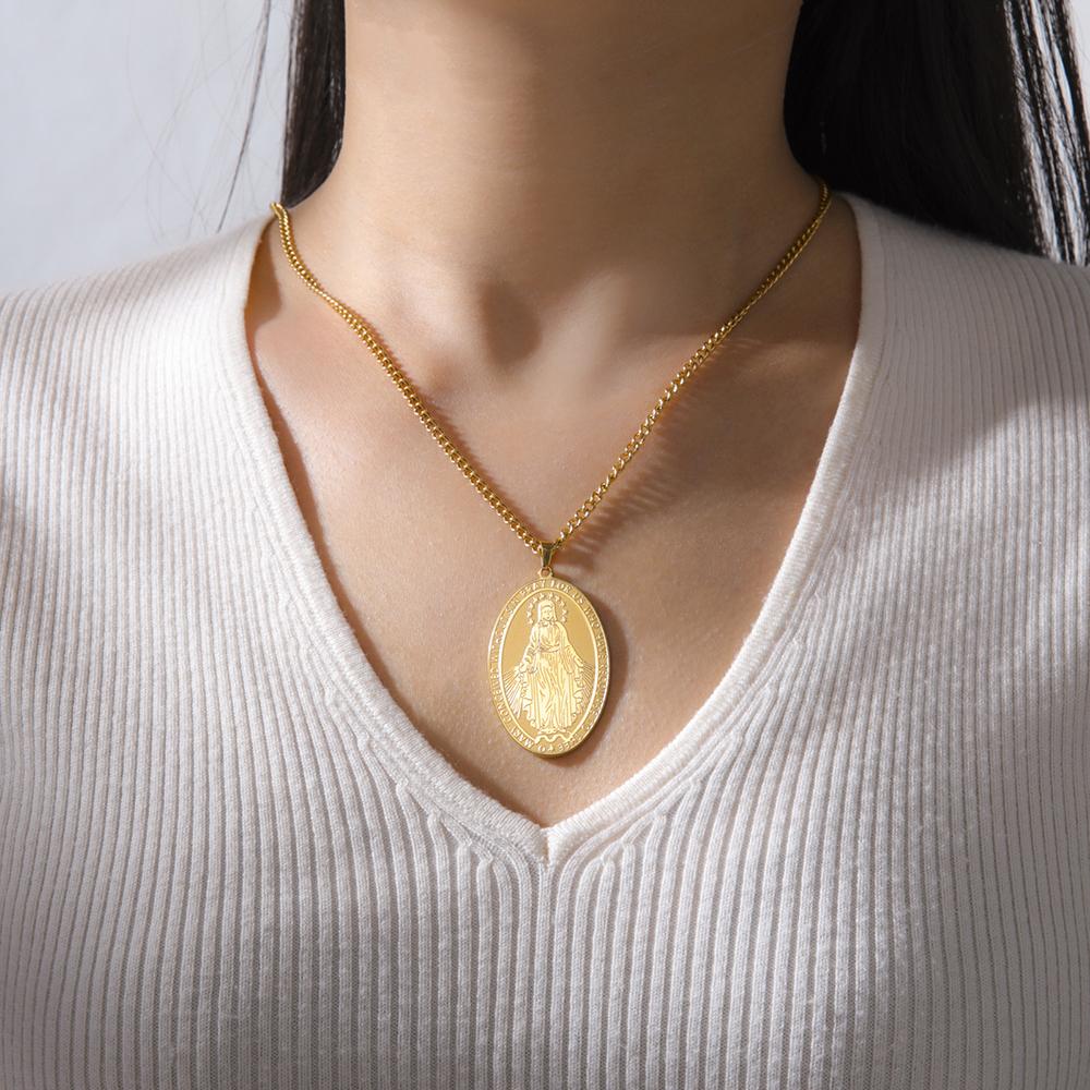 Dawapara Religious Virgin Mary Double Sided Carved Necklace Catholic Mother of God Pendant Stainless Steel Jewelry
