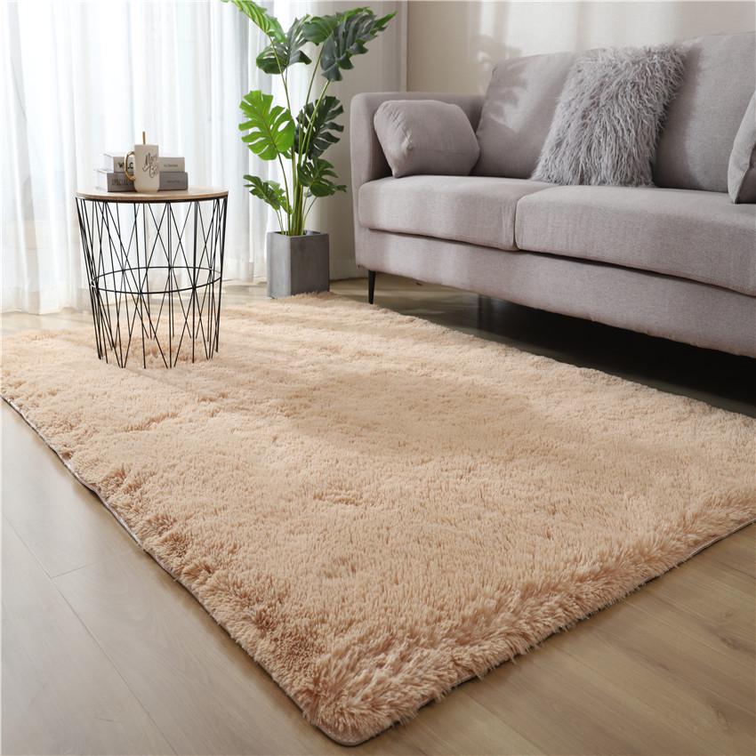 Long Pile Silk Wool Carpet - Full Coverage Bedroom and Living Room Rug, Solid Color