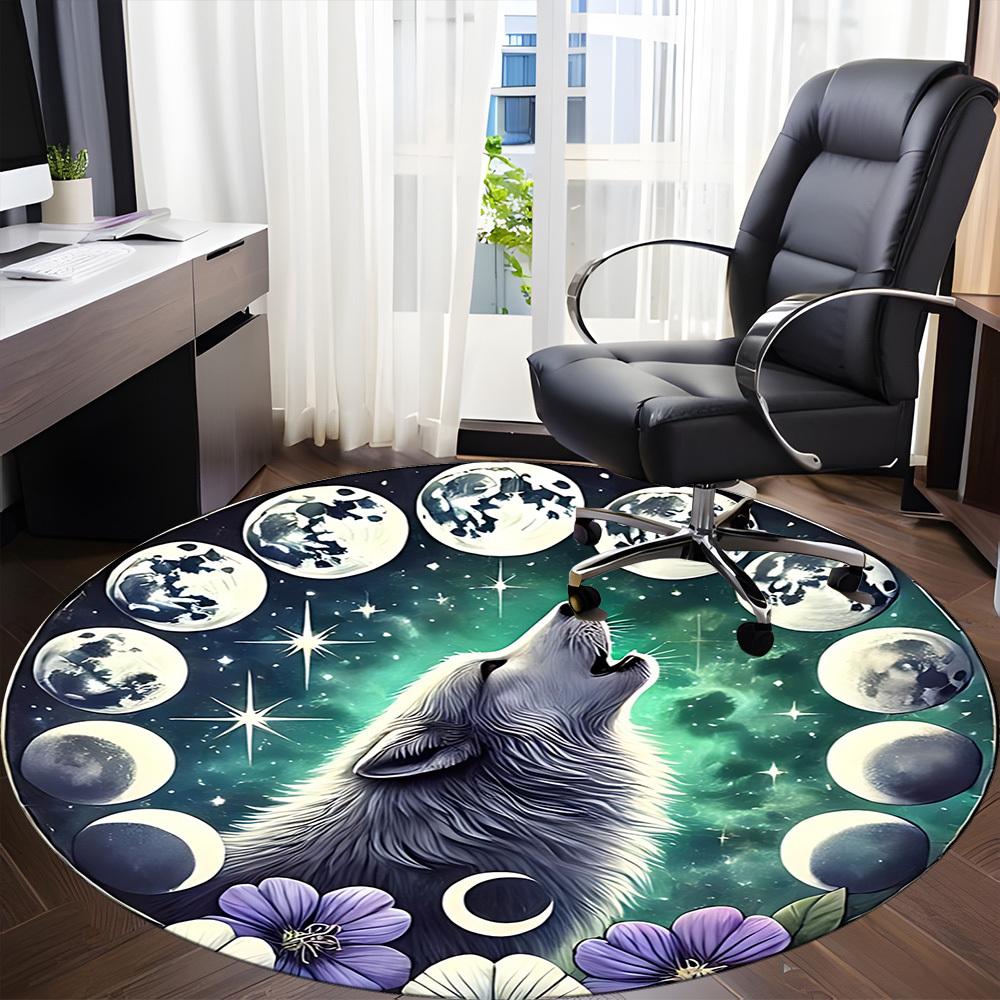 1pc Moon Wolf Office Round Area Rug, Under Office Chairs Bedroom Living Room Home Decor, Room Deco