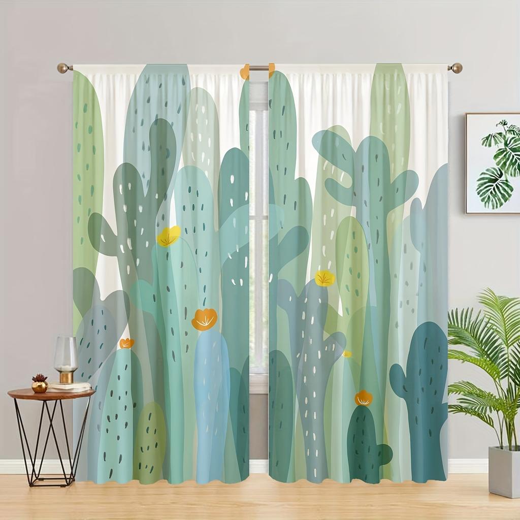Set Of 2 Cartoon Cactus Printed Curtains Curtain Suitable Kitchen Bedroom Study Cafe Living Room Home Decor Made Polyester Area Window Treatment