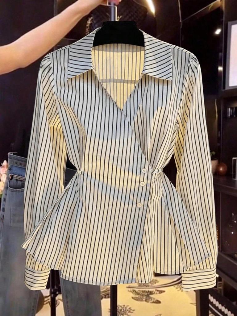 Women's Autumn 2025 Slimming Striped Long Sleeve Shirt with Irregular Waist-Cinching - Chic and Niche Style