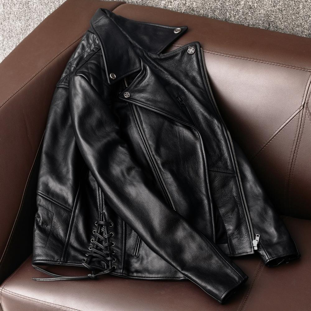 Men Genuine Leather Motorcycle Jacket Cowhide Biker Coat with Detachable Armor and Lapel