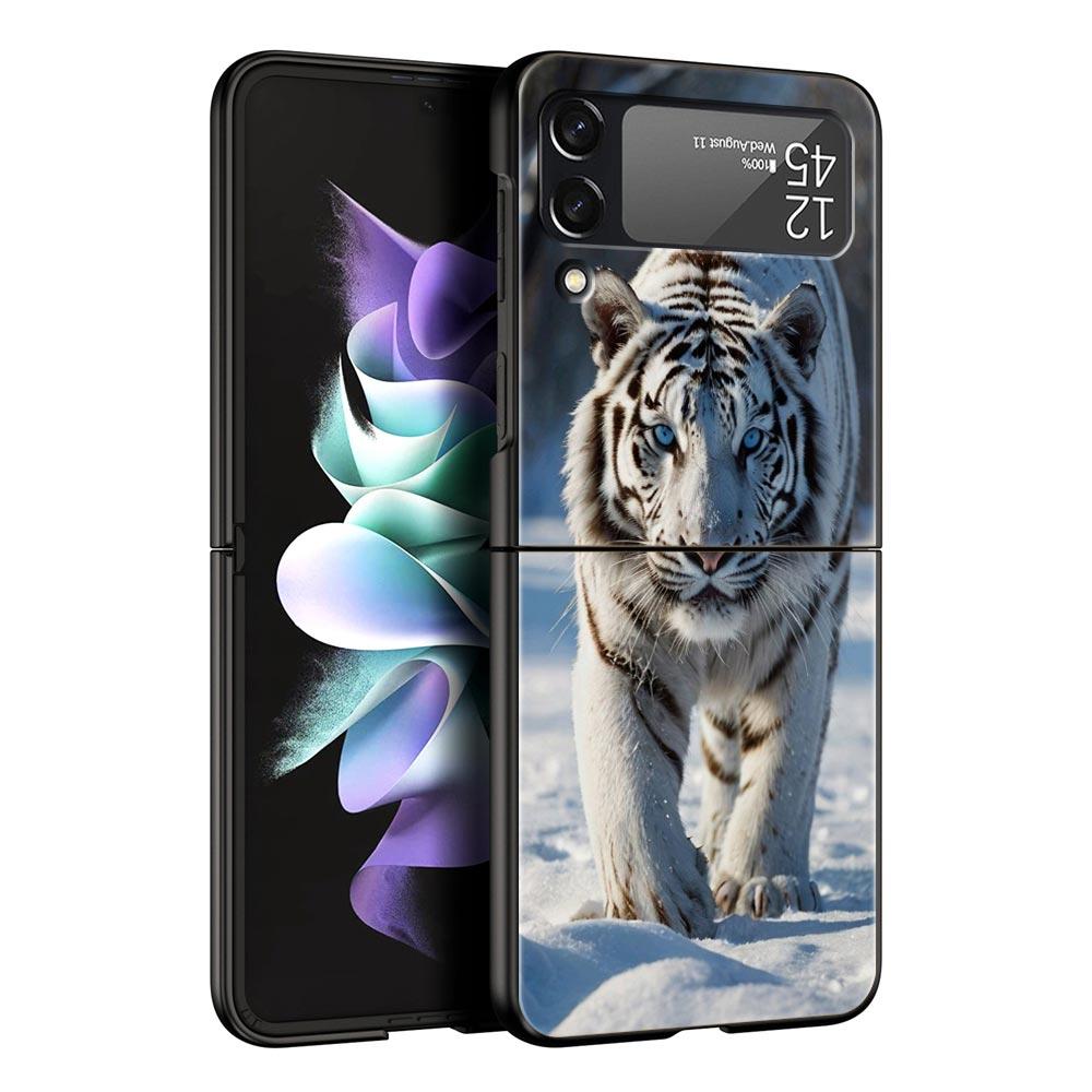Phone Case for Samsung Galaxy Z Flip 3 4 5 6 7 Folding Black Shell For Samsung Z Flip4 Flip5 PC Hard Cover Animal White Tiger