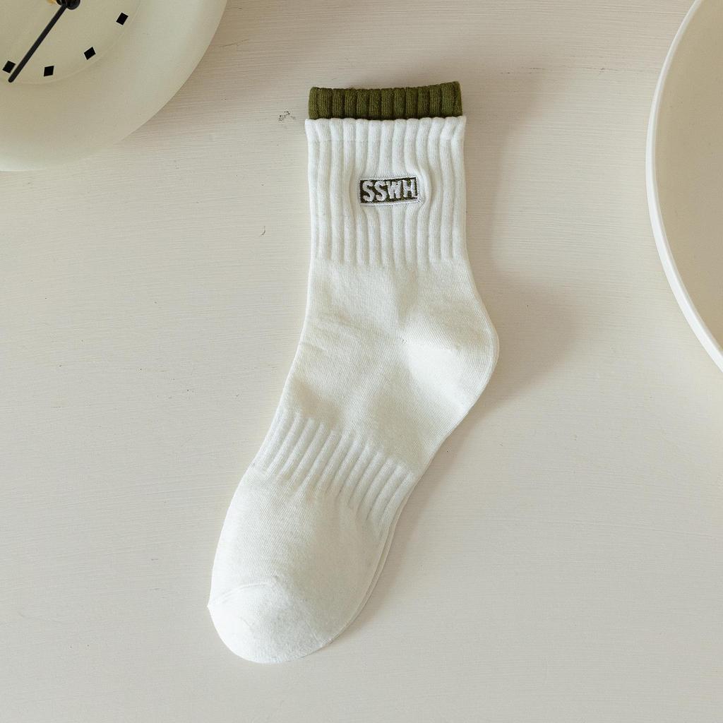 Dámské zimní bavlněné sportovní ponožky střední délky - Dvojité manžety, Vyšívaná písmena, Trendy, Teplé, Pohodlné.