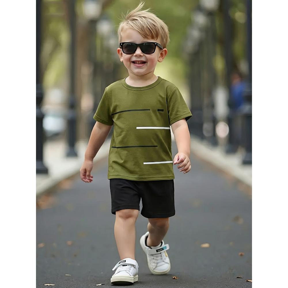 Army Green Geometric Print Boys T Shirt Black Shorts Set Casual Style Summer Outfit 100