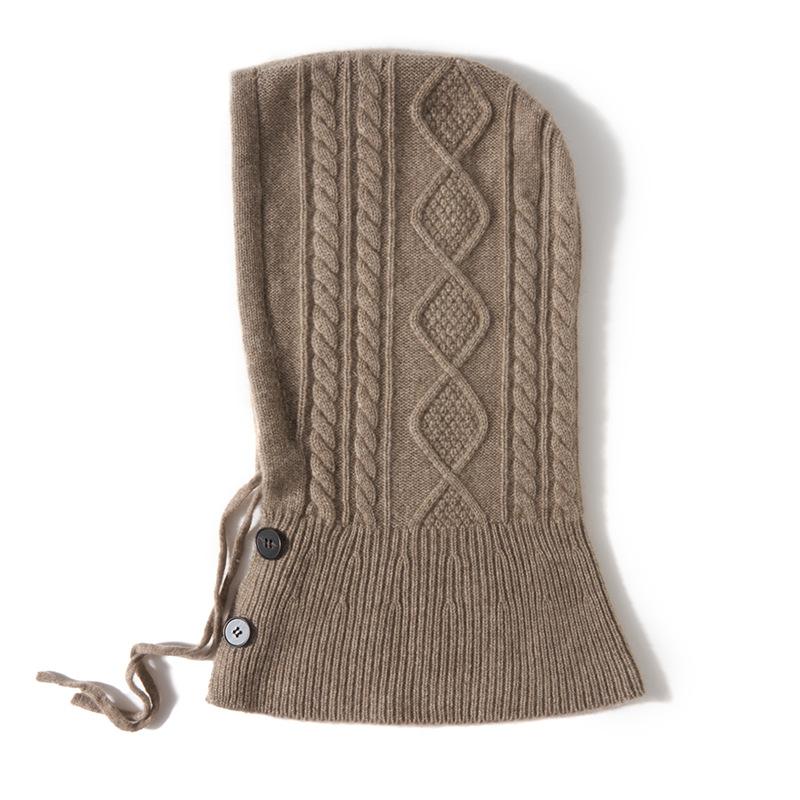 Soft and Glutinous Cashmere Autumn and Winter New Women's Casual Ear Protecting Neck Cap Knitted Warm Button Up Drawstring Hat