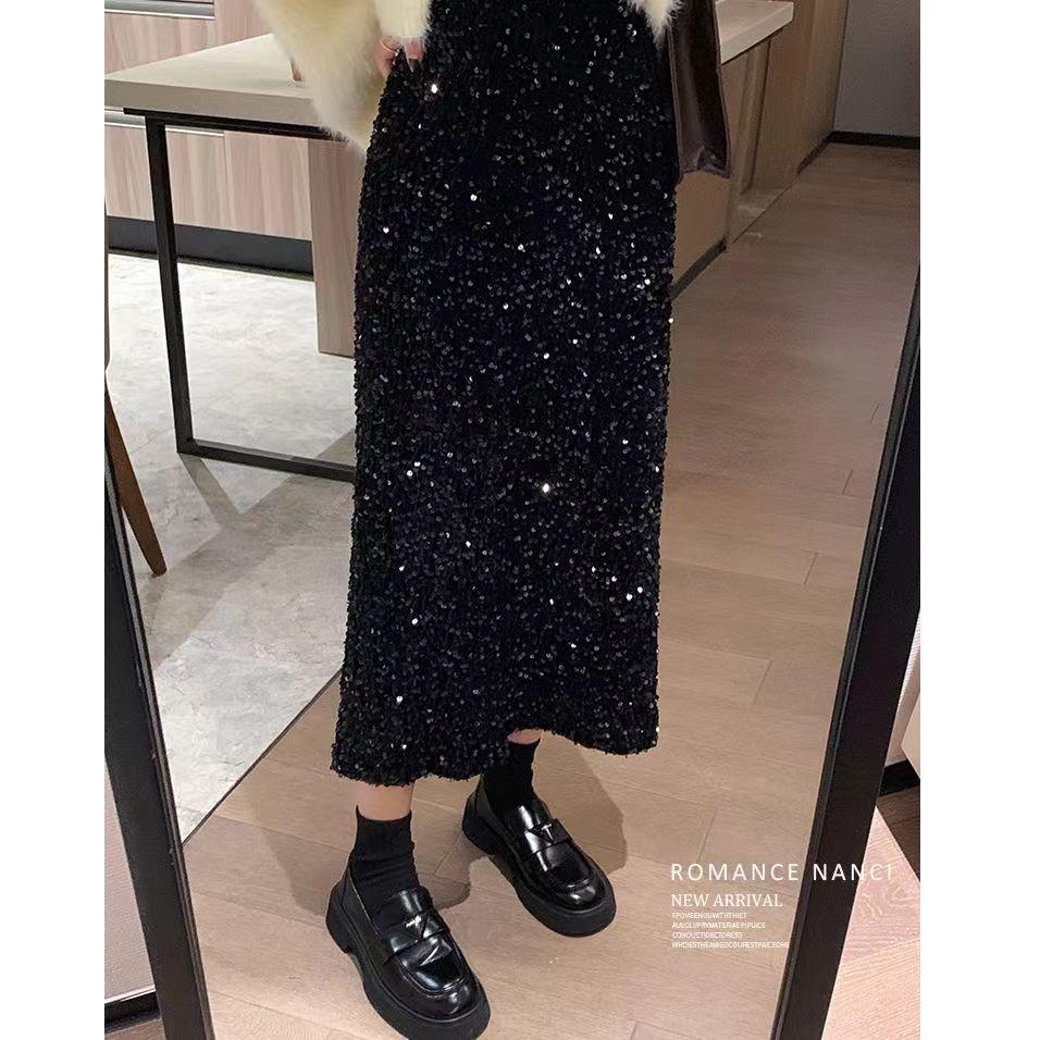 Hoher schwarzer Samt-Pailletten-Rock mit Schlitz für Damen - Beliebter langer Rock für Frühling, Herbst, Winter