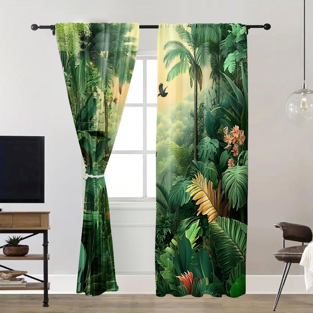 2pc,  Spring Window Curtain jungle plants Versatile Polyester,Without Electricity Birthday Party Use for Indoor Celebrations,