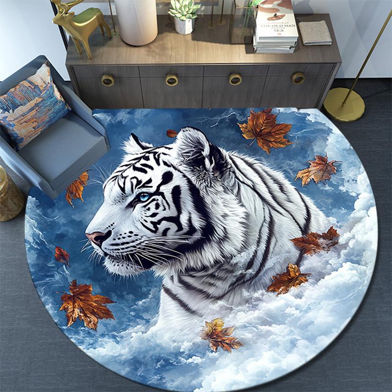 White Tiger with Falling Leaves Round Area Rug,Carpet Rug for Living Room Bedroom Sofa Playroom Decor,Non-slip Floor Mat