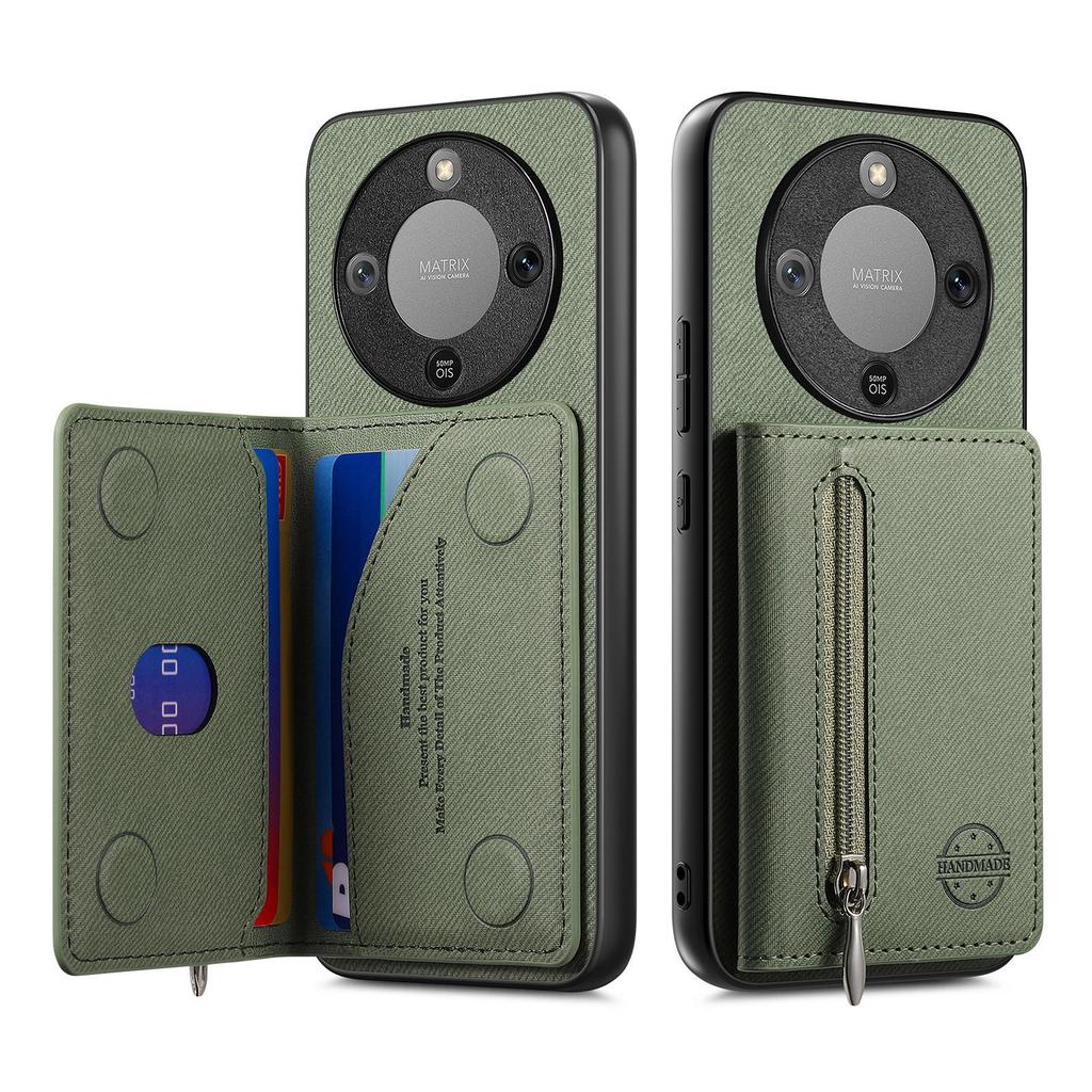 Phone Case For Honor Magic8 Lite 5G / X9d 5G / X70 5G Zipper Card Holder Kickstand Jeans Cloth Texture Leather Back Cover