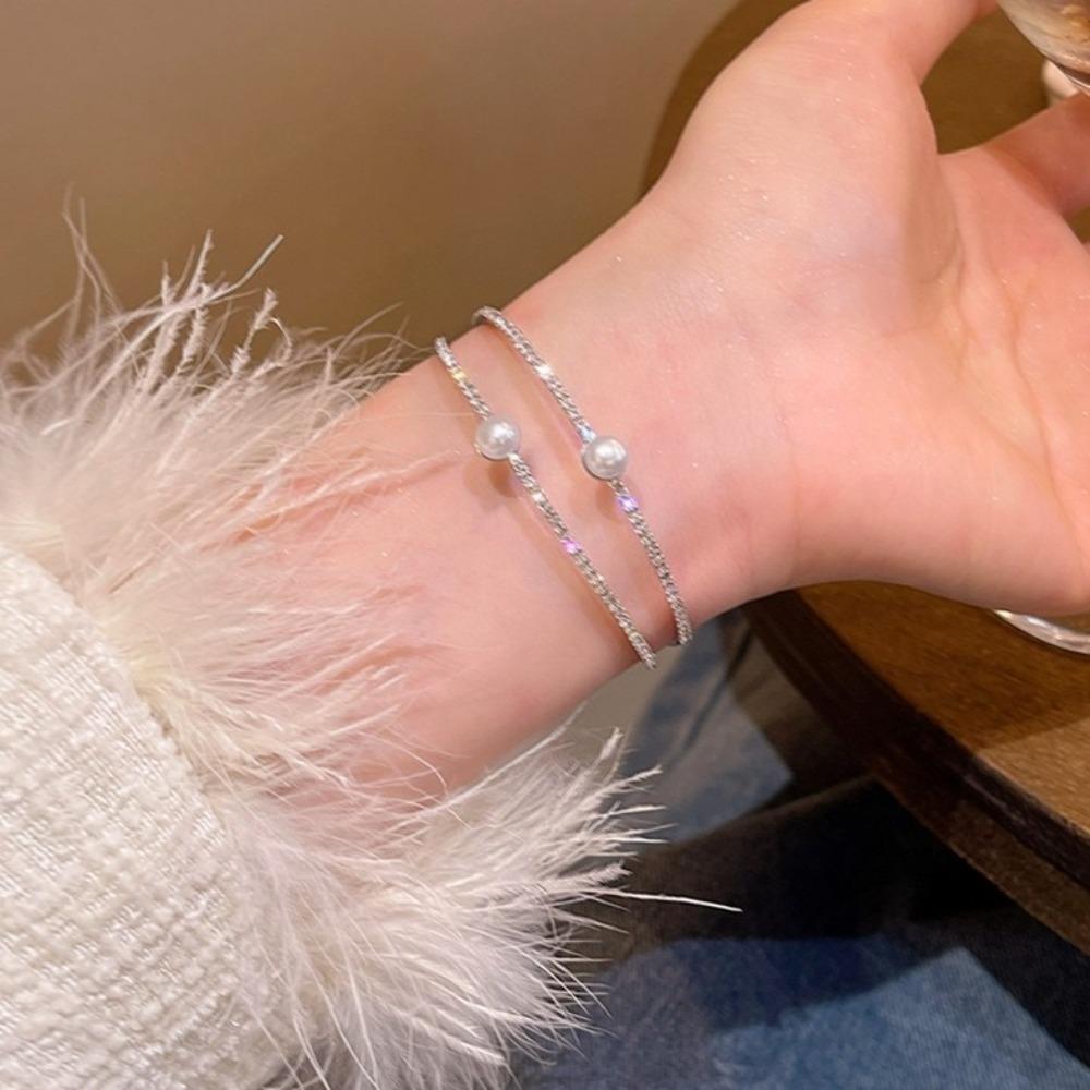 Bridal Jewelry Rhinestone Bracelet Double-layer Wrist Ornament Simple Opening Bangles  Ladies