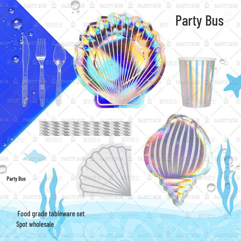 Irregular Shell Party Bus Kids' Disposable Tableware Set: Paper Plates & Cups for Celebrations
