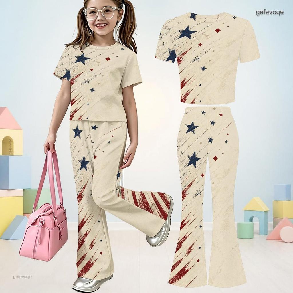 Girls Beige Printed Round Neck Short Sleeve Top And Flared Pants Two Piece Set