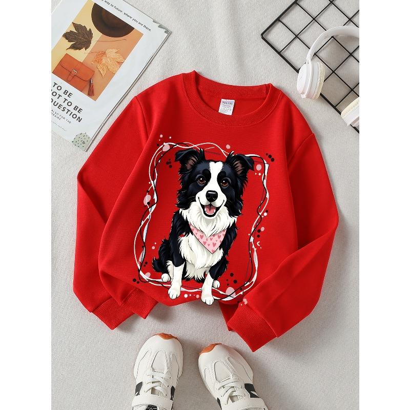Kids Sweatshirt,Adorable Dog Adorned with a Heart-Patterned Bandana on a Red Backdrop, Stylish Crew Neck Sweatshirt , Perfect for Autumn And Winter