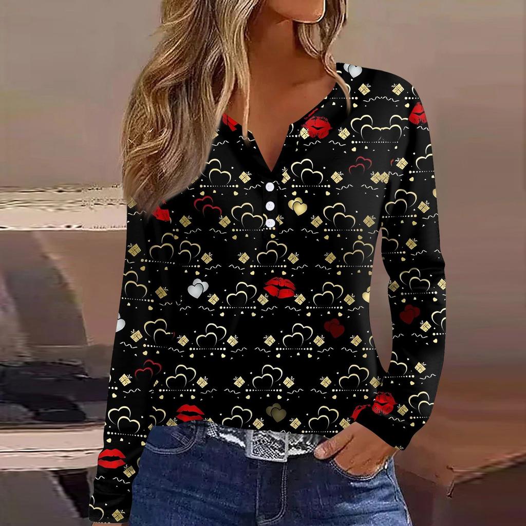 Women's T Shirt Tee Valentine's Day Printed Button Long Sleeve Tunic Daily Weekend Fashion Basic V- Neck Regular Top