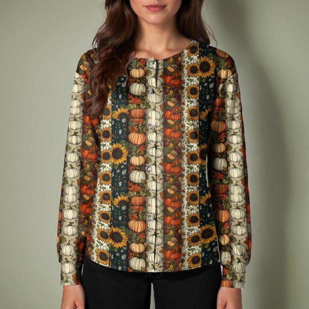 Women's Casual Long Sleeve Single-Breasted Cardigan with Halloween Print