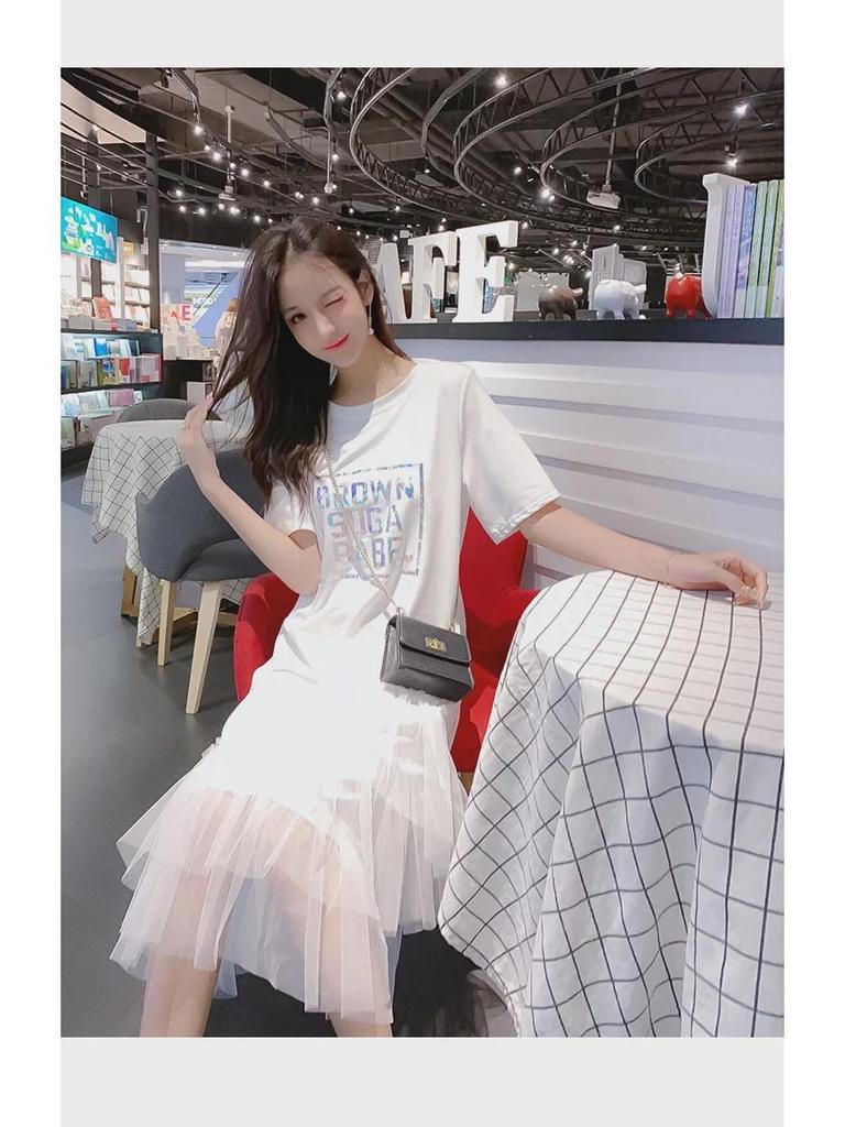 2025 Trendy Summer Mesh Letter T-shirt Dress with Puffy Fairy Skirt