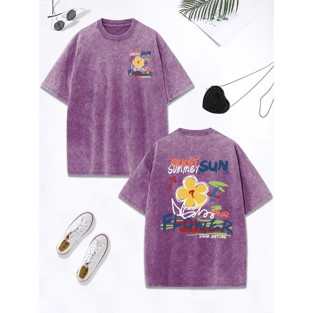 Summer Sun Flower Graffiti Printing Washed T-Shirts Women Cotton Oversize Tops Casual O-Neck Distressed T Shirt Clothes
