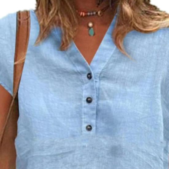 V-hals kortermet knapper enkel t-skjorte dame ensfarget genser topp dameklær