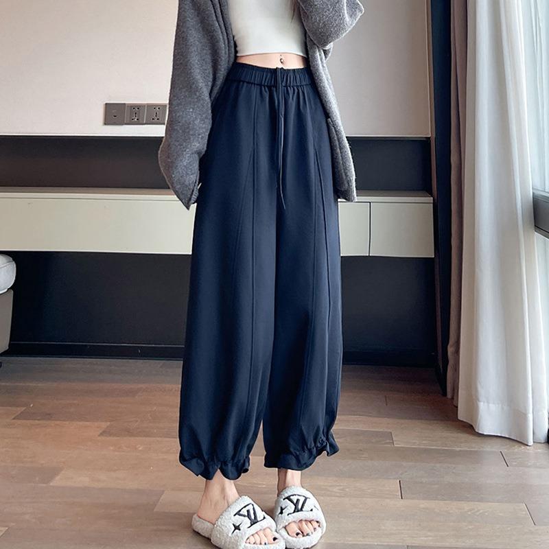 summer autumn elastic waist loose casual ruffles ankle length pants women solid color all-match trousers