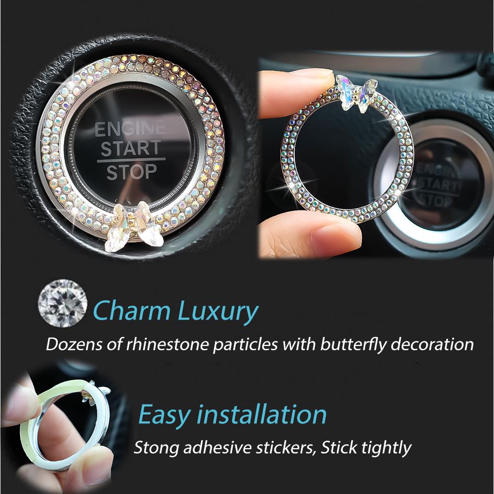 2pcs Car One Click Start Decorative Ring Button Diamond Sticker Bling Double Row Crystal Butterfly Ignition Ring Decorative Ring