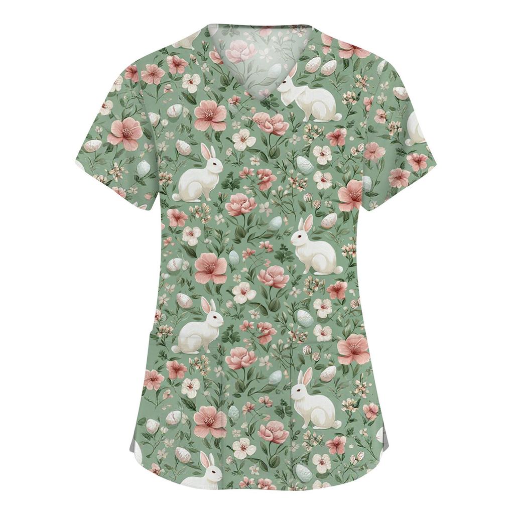 Women's Fashion V-neck Short Sleeve Workwear With Pockets Printed Tops