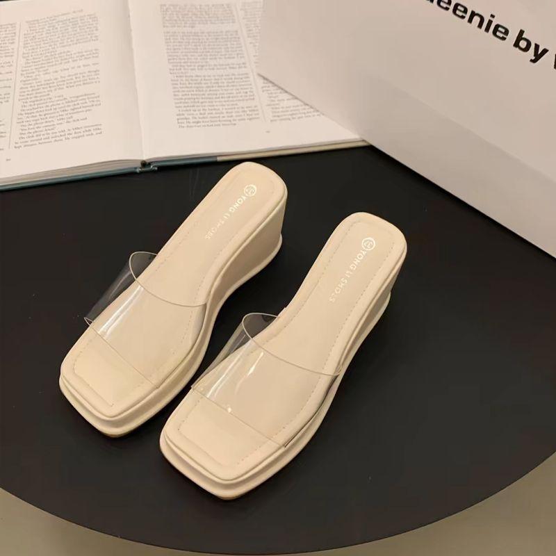 

Fashion FHC 2024 New Transparent PVC Wedges Slippers,High Heeled Platform Slides,Women Summer Shoes,Square Open Toe,Black,Beige,Dropship 35 бежевый